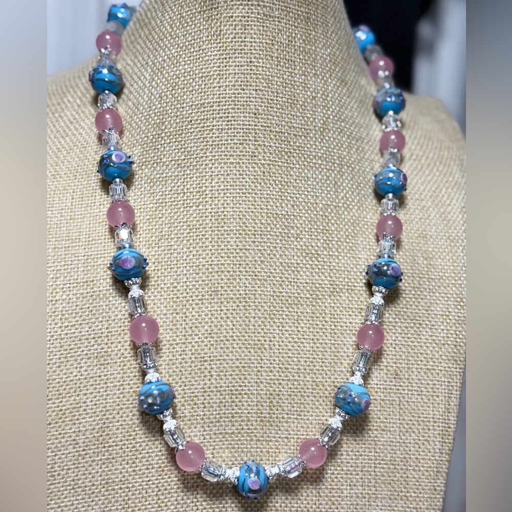 Blue Wedding Cake Bead With Rose Quartz and AB Crystal silver plated findings.